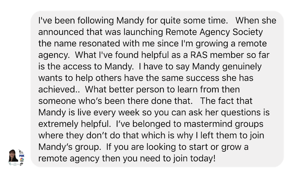 Remote Agency Society testimonial Toni
